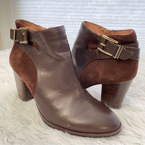 LOUISE ET CIE LO-VASCA BROWN SUEDE & LEATHER HEEL SIDE ZIP ANKLE BOOTS SZ 7M/ 37 - Picture 1 of 9